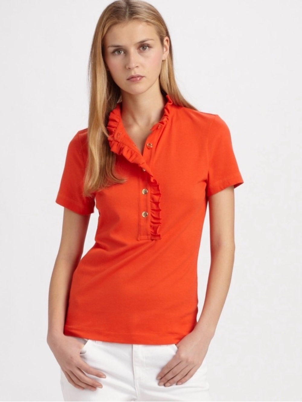 Tory Burch Red Ruffled Short-Sleeve Polo Size Small